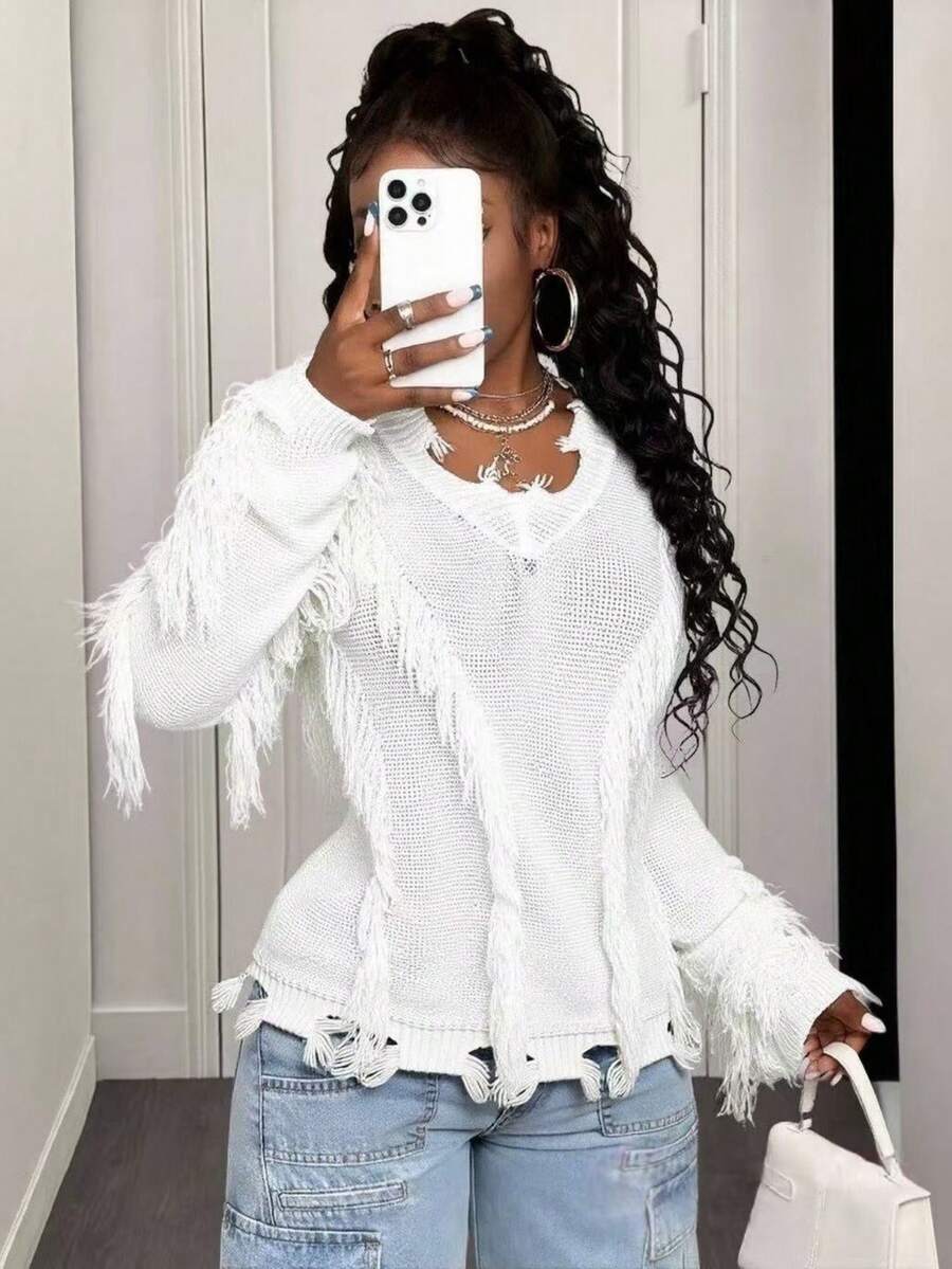 BamGleam Women's Knitted Long-Sleeved V-Neck White Tassels,Asymmetrical Notches Regular Style Autumn Punk Night Out Clothing For Casual Travel,Vacation,Party - White - View 1
