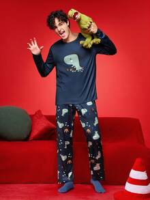 SHEIN Dinosaur Men's Loungewear Set,Long Sleeve Top And Long Pants,Printed Round Neck Knit Winter Christmas Clothes,Navy Blue,Autumn,Casual,Home - Navy Blue - View 3