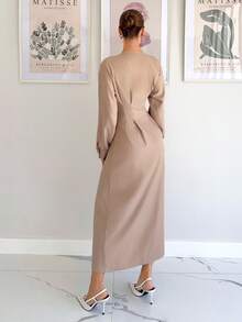 Siren Gaze Đầm Maxi dài tay cổ chữ V hở vai thanh lịch cho nữ với họa tiết hoa 3D kim loại ở eo - Màu be - Xem 5