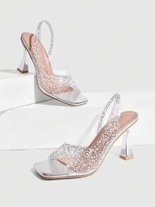 CUCCOO SZL Women's Fashion Charming Glass Rhinestone Decor Chunky Heel Sandals, Pearl Rose Gold Color, TPU Transparent Material, Square Toe Comfortable Casual, Suitable For Party, Wedding, Gathering, Spring/Summer/Autumn For Christmas - Silver - View 6