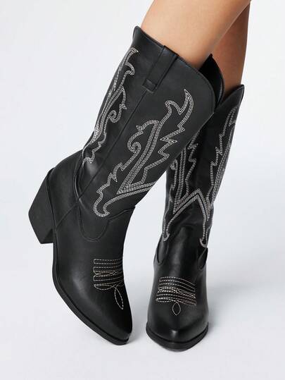 ROMWE Grunge Punk Botas vaqueras para mujer, botas de montar occidentales de tacón grueso y punta puntiaguda con bordados, botas de moda para exteriores de media caña con cierre de slip-on