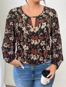 EMERY ROSE 大码女式休闲度假风格全印花开领灯笼袖宽松衬衫，春秋季 - 黑色 - 查看 5