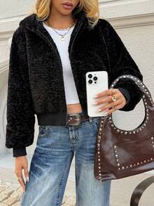 DAZY 女士蓬松连帽短款收腰休闲外套 Y2k 女式外套 - 黑色 - 查看 2