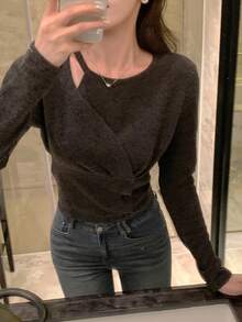 DAZY 女式露肩圆领长袖纯色T恤，韩版