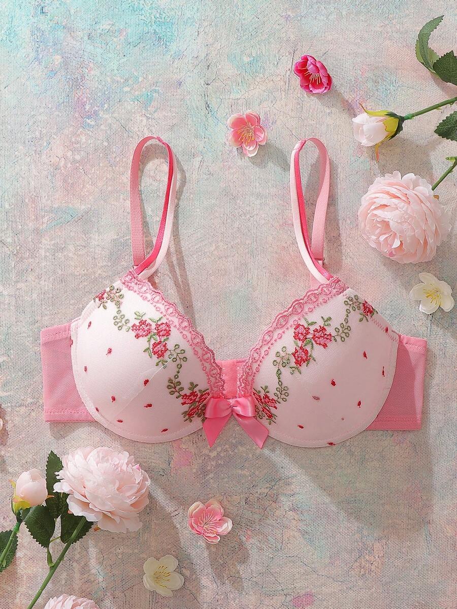 Pink Underwire Padded Bra With High Support, Lift & Gather, Embroidered Floral Pattern, Romantic Countryside Style Women's Lingerie