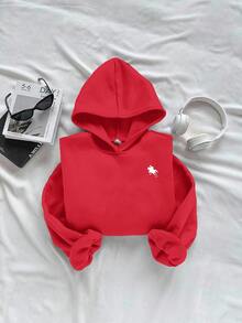 SHEIN Leap Crew Tween Girl Horse Embroidery Hooded Sweatshirt In Fall/Winter - Red - View 5