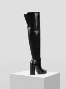 Mnmlis Vintage Western Style Black Leather Metal Zipper Tall Boots