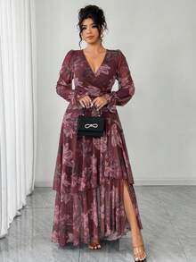 Elenzga Đầm dài họa tiết hoa viền bèo nhún cỡ lớn thời trang dành cho nữ mới, đầm mùa thu, đầm bèo nhún, đầm hoa - Nhiều màu - Xem 2