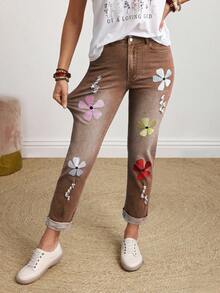 EMERY ROSE Plus Size Colorful Floral Embroidered Jeans - Coffee Brown - View 1