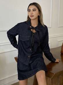 DAZY 西部牛仔复古休闲套装，长袖宽松领带衬衫和百褶迷你裙女式牛仔套装 - 藍色 - 查看 4