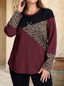 EMERY ROSE Áo thun tay dài cổ tròn họa tiết da báo Colorblock cỡ lớn mùa đông cho nữ ấm áp mùa thu đông cho nữ phong cách đồng quê cho nữ buổi hòa nhạc đồng quê cỡ lớn mùa đông, đi chơi năm mới, mới 2025, đơn giản và thời trang để mặc hàng ngày, cỡ lớn mùa đông, giáng sinh cho nữ, năm mới, đêm hẹn hò - Màu Đỏ Sâu - Xem 7
