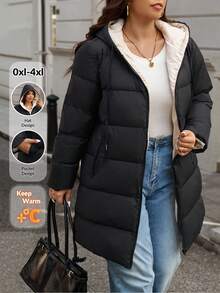 SHEIN Frenchy Cappotto imbottito con cappuccio, chiusura lampo e coulisse, taglia comoda, per l'inverno - nero - Visualizzare 1