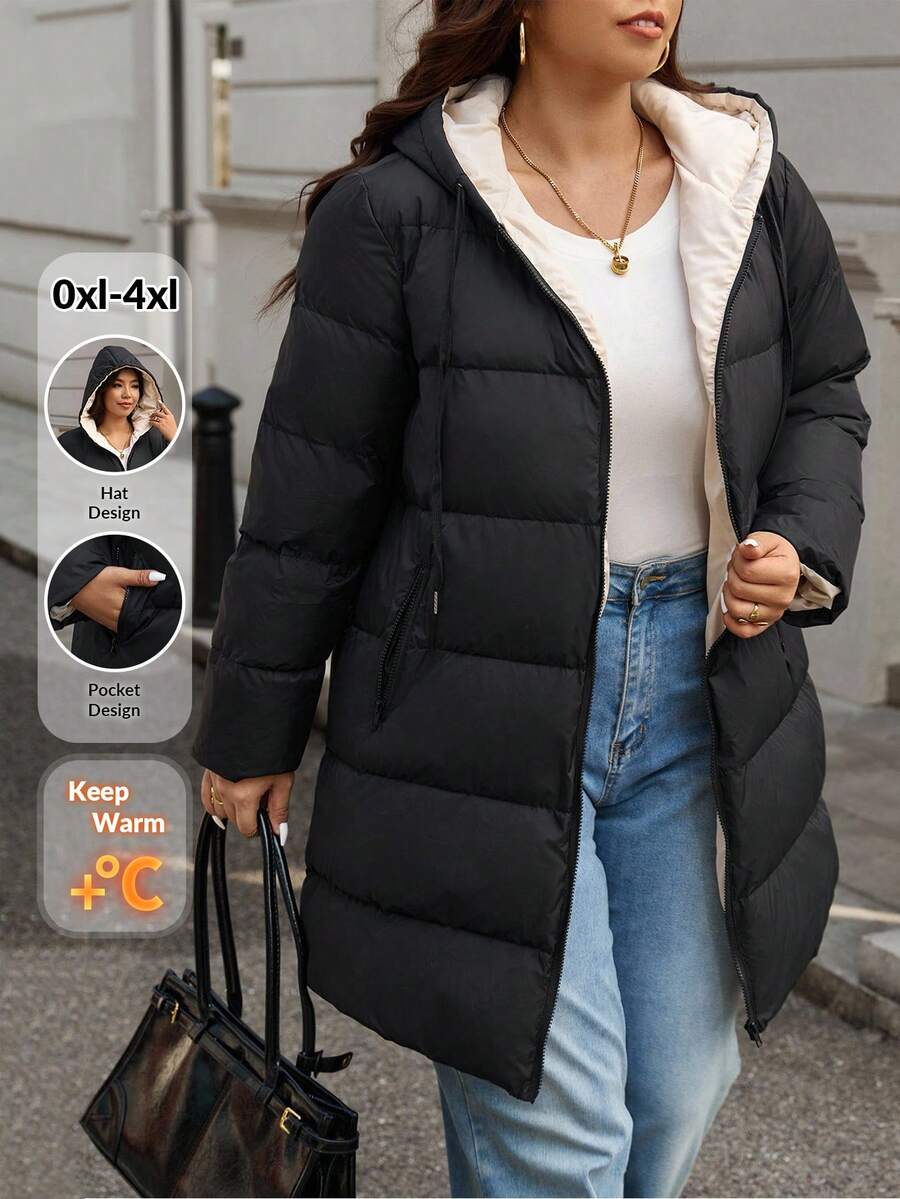 SHEIN Frenchy Cappotto imbottito con cappuccio, chiusura lampo e coulisse, taglia comoda, per l'inverno - nero - Visualizzare 1