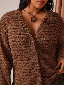 Rustia Plus Size Women Knitted Cardigan, Casual Comfortable Minimalist Button Up Sweater Jacket, Autumn/Winter - Brown - View 2