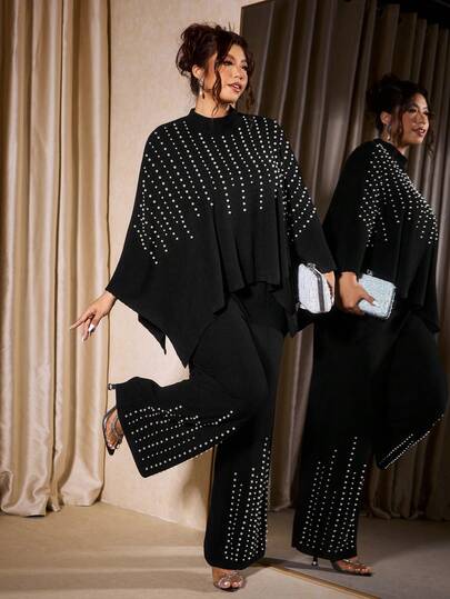 Cravure Plus Size Women 2 Pieces Set, Long Sleeve Top And Pants, Knitted High Stretch Striped Texture, Warm And Comfortable, Skin-Friendly, Suitable For Autumn/Winter, Elegant For Afternoon Tea, Fashionable Outings, Gatherings With Friends, New Year Parties, Thanksgiving, Black Plus Size 2 Pieces Set