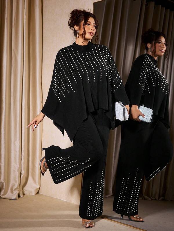 Cravure Plus Size Women 2 Pieces Set, Long Sleeve Top And Pants, Knitted High Stretch Striped Texture, Warm And Comfortable, Skin-Friendly, Suitable For Autumn/Winter, Elegant For Afternoon Tea, Fashionable Outings, Gatherings With Friends, New Year Parties, Thanksgiving, Black Plus Size 2 Pieces Set