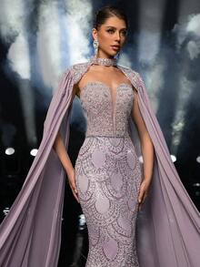 Glamrae 优雅奢华串珠亮片雪纺喇叭袖美人鱼长裙，适合婚礼、派对、度假、舞会、晚礼服 - 灰色 - 查看 5