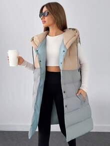 SHEIN Cottnline Woman 2 Colored Block Color Sleeveless Padded Drawstring Detailed Hoody Neck Front Snap Button Up Midi Length Winter Coat Casual - Multicolor - View 1
