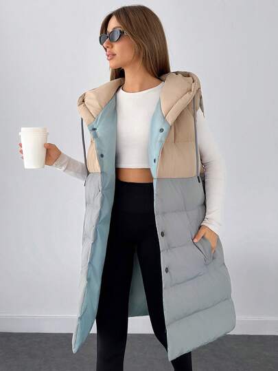 EURMUSE Woman 2 Colored Block Color Sleeveless Padded Drawstring Detailed Hoody Neck Front Snap Button Up Midi Length Winter Coat Casual