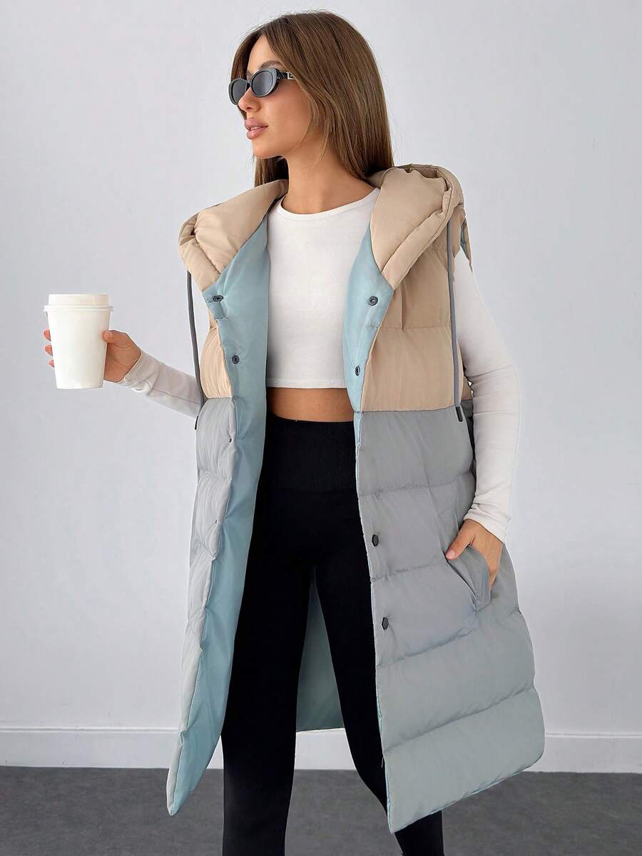 SHEIN Cottnline Woman 2 Colored Block Color Sleeveless Padded Drawstring Detailed Hoody Neck Front Snap Button Up Midi Length Winter Coat Casual - Multicolor - View 1