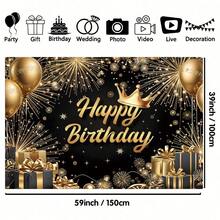 1 Elegant Black Gold Birthday Party Background Banner, Multiple Sizes, Gold Balloon Crown And Fireworks Birthday Theme, Themed Party, Anniversary, Party Decoration, Party Photography Background, Universal Theme, - Multicolor - View 4