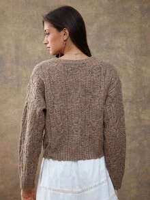 WESTFADE Mocha Brown Cable Knit Cardigan,Women's Round Neck Button Front Relaxed Fit Mixed Stitch Cropped Sweater,Cute Autumn Casual Winter Boho Occasion Top - Camel - View 5