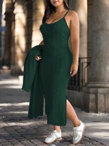 Easura مجموعة كنزة صوفية طويلة محبوكة بغرزة كبيرة للنساء مقاسات كبيرة للموسم الخريفي/الشتوي، فستان كنزة صوفية كاجوال بدون أكمام وكارديجان بأكمام طويلة، مناسبة للخروجات والعطلات والحفلات - أخضر - مشاهدة 7