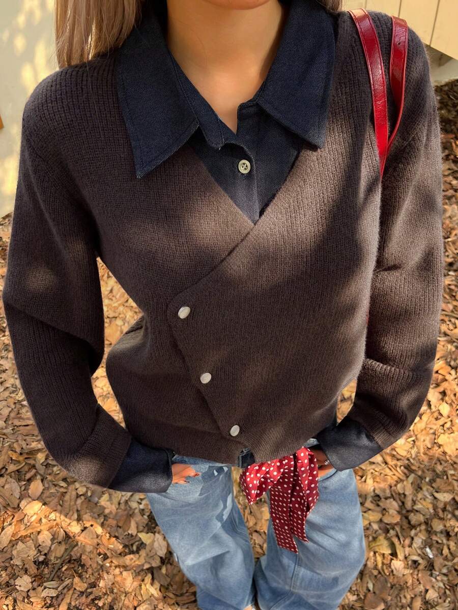 Livesso Áo khoác cardigan cổ bẻ màu nâu thường ngày cho nữ, mùa thu - màu nâu - Xem 1
