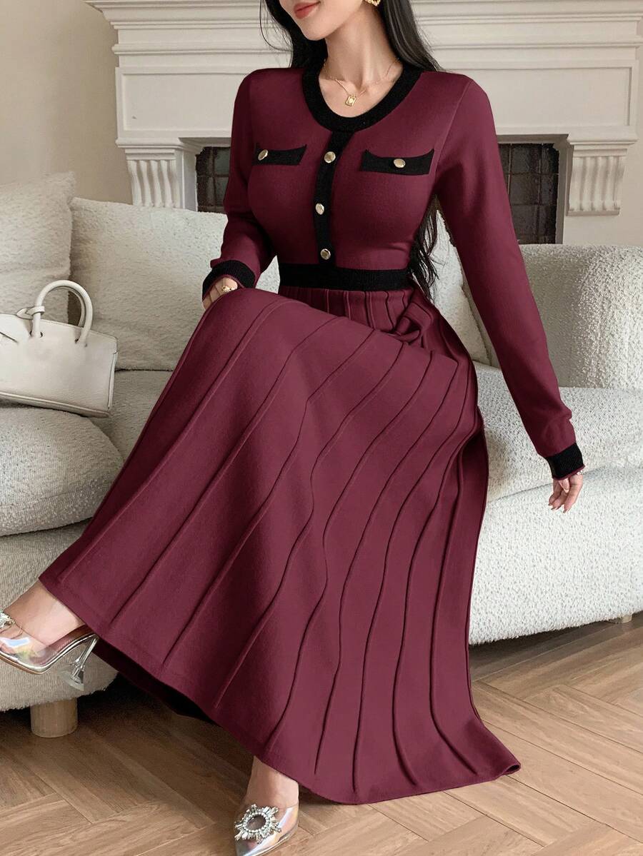 DAZY 女式优雅拼色圆领毛衣裙，秋季