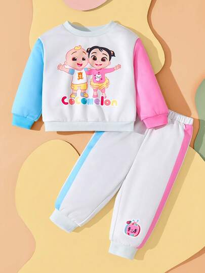 CoComelon X SHEIN 2pcs/Set Baby Girl Cute Cartoon Boy & Girl Graphic Colorblock Round Neck Long Sleeve Sweatshirt & Sweatpants Knit Sports Outdoor Casual Outfit