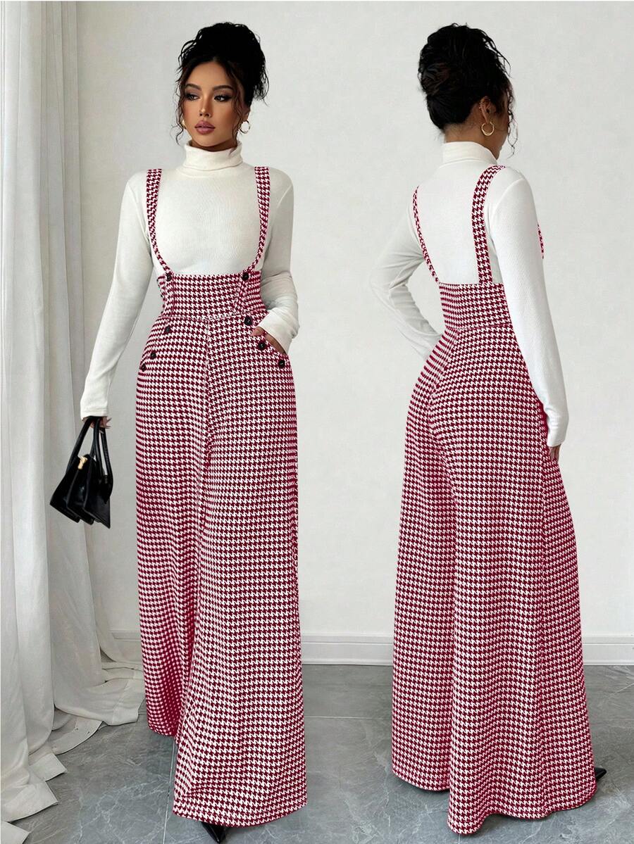 Elenzga Bộ đồ liền thân thường ngày có túi thiết kế nút Houndstooth dành cho nữ - Màu Đỏ Sâu - Xem 1