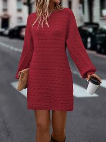 EMERY ROSE 秋冬休闲纯色蝙蝠袖针织连衣裙 - 紅色 - 查看 6