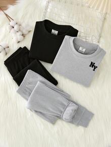 SHEIN 2件套青少年男孩休闲舒适贴身立领长袖家居服套装 - 彩色 - 查看 5
