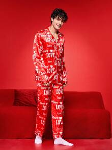 FamilyFrolics 2件套圣诞主题印花卡通趣味圣诞老人缎面舒适家居睡衣套装，礼盒包装，内含拐杖糖、铃铛、雪花、雪人图案，适合家庭聚会、男士休闲服、冬季服装 - 彩色 - 查看 4