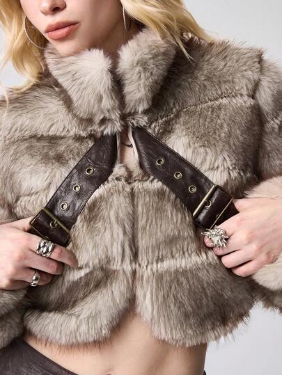 Grunge Punk Women's Winter Stand Collar Long Sleeve Eyelet Button Design Cropped Faux Fur Jacket