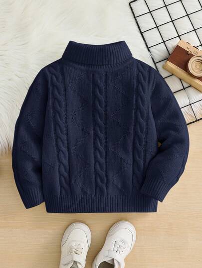 SHEIN 1 件儿童年轻男童休闲舒适纯色百搭宽松高领毛衣，适合秋冬季作为打底衫或外套