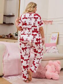 Slumberry CURVE Conjunto de Pijama com Estampa de Laço Plus Size, Contraste de Cor, Gola Redonda, Estilo Sweet Ins - Vinho - Visão 2