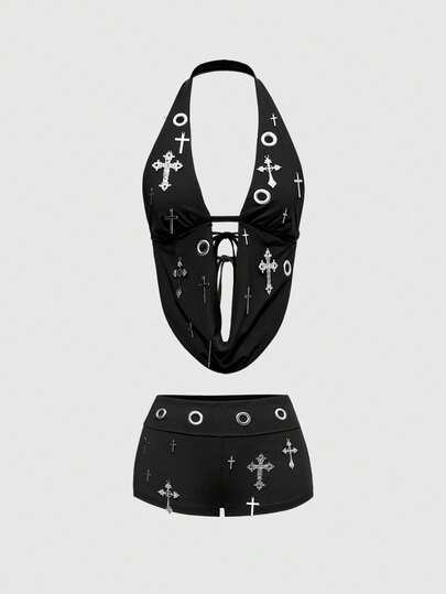 ROMWE Avant Ensemble crop top et short streetwear Y2K Baddie avec pendentif croix en métal et décoration œillet pour femmes