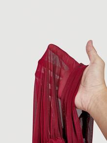 SHEIN MOD Women's Red Mesh Fitted Flare Sleeve Top Asymmetrical Neckline Ruched Detail - Burgundy - View 5