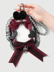 ROMWE Anime 1pc Y2K Goth Style Handmade Beaded Necklace With Silver CCB, Black & White Lace, Faux Fur, Red Ribbon Bow, Acrylic Wings, Liquid Chain, Leather Letters, Heart, White Acrylic Card Holder, Suitable For Students, Idol Fans, Women, Daily Wear, Holiday Gift - Black red - View 4