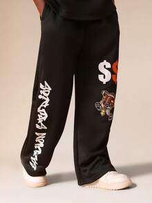 SUMWON Set de bluză supradimensionată cu mânecă scurtă și imprimeu grafic CASH Money pentru băieți, cu pantaloni de trening asortați - Negru - Vizualizare 5