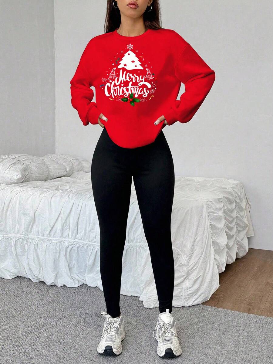 SHEIN EZwear 2pcs/Set Loose Crew Neck Sweatshirt And Skinny Leggings Pants Christmas Graphic Red - Multicolor - View 1
