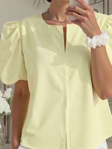 SHEIN Unity Solid Color Round Neck Front Button Casual Short Sleeve Blouse, Butter Yellow Cute Top - Yellow - View 4