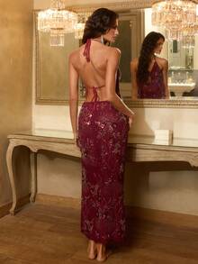 Opulessa 女式纯色梭织露背吊带连衣裙 - 酒紅色 - 查看 3