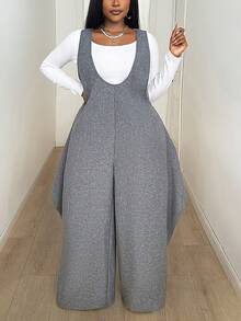 Maweii Mono de moda con diseño acampanado, bolsillos y tela jacquard de dos tonos para mujer de talla grande, adecuado para fiestas, salidas nocturnas, Halloween, Navidad, otoño/invierno - Gris - Ver 3