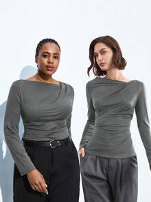 Maija Blusa de manga larga con diseño asimétrico y drapeado ajustado, para uso urbano, casual de oficina, elegante para fiestas de Navidad y Año Nuevo