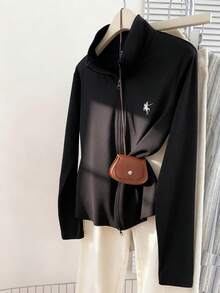 SHEIN Unity 1 件女士修身薄夹克，立领或 V 领，双拉链，刺绣，适合日常、通勤、休闲、家居服，黑色，秋冬 - 黑色 - 查看 3