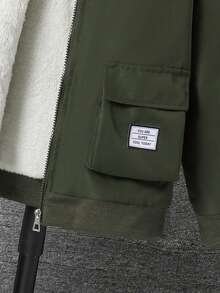 SHEIN Vacaura 青少年男孩休闲日常通勤简约百搭时尚街头字母图案翻盖口袋拉链连帽保暖内衬夹克，秋冬 - 墨綠色 - 查看 5