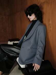 Uhlyne Uhlyne Blazer de manga larga con bolsillos, cuello de chal, mezcla de lana TR para otoño/invierno - Gris - Ver 3
