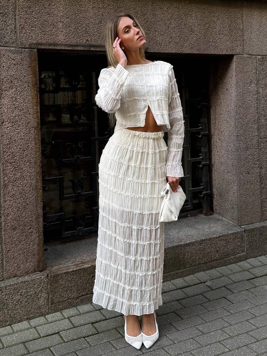 Pariaura French Round Neck Long Sleeve Split Solid Textured Elegant Ladies Top, Casual High-End Outfit, Party Dress Top Elastic Waist Solid Textured Fashion Wedding Evening Party Elegant Long Dress, 2 Pieces Set - Apricot - View 1